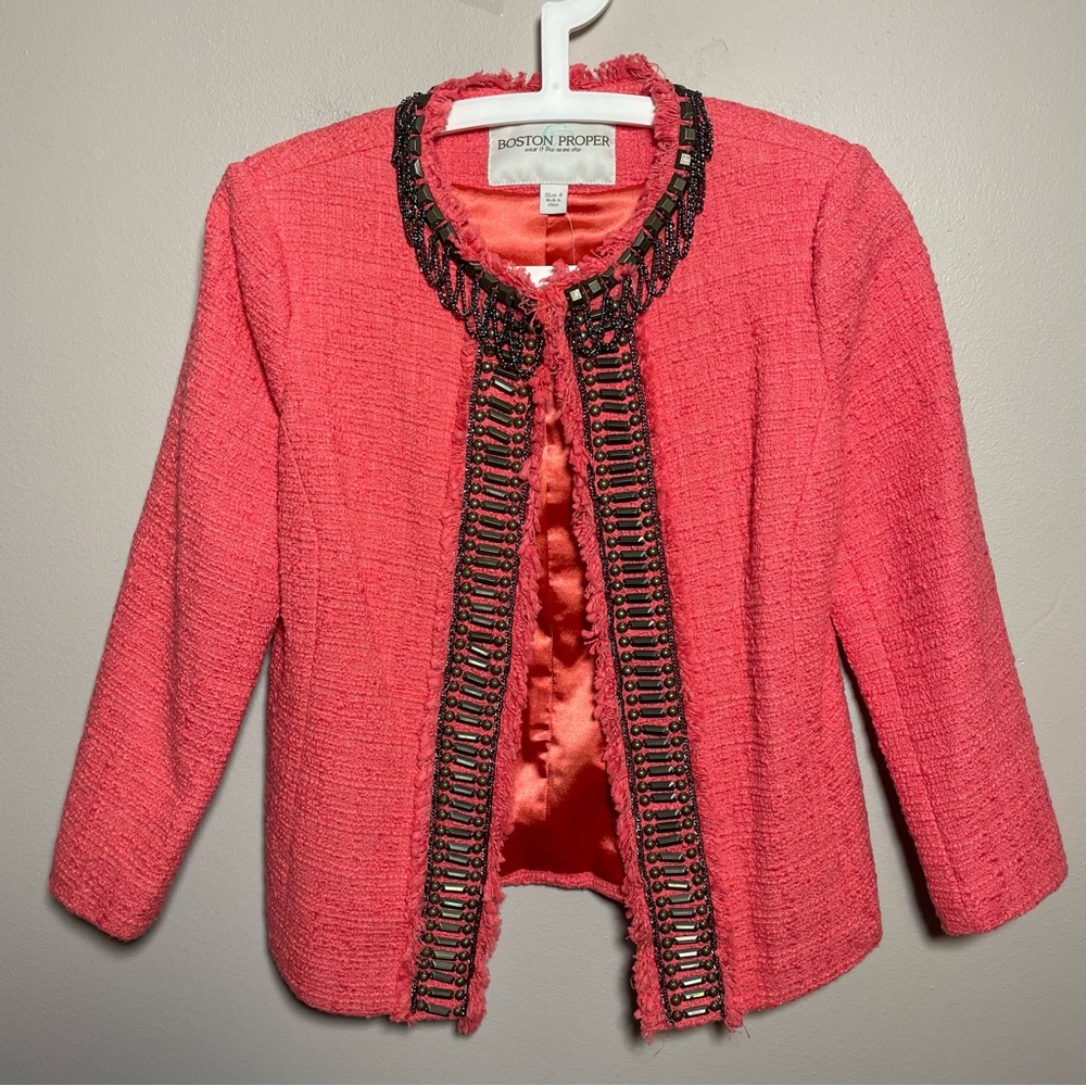 Boston Proper Tweed Coral Embellished Blazer Jacket NWOT - Picture 9 of 9